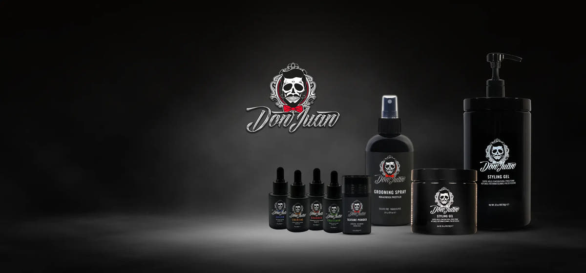 A lineup of Don Juan haircare products including a pump bottle, a spray bottle, a jar, and several dropper bottles.